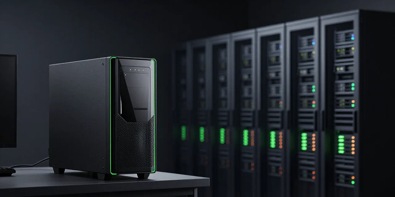 A home gaming PC on the left and datacenter server racks on the right, cloud rental versus buying