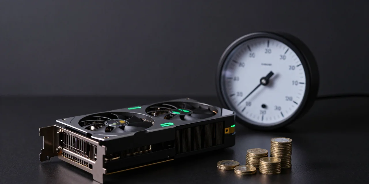 A GPU on a desk beside a mechanical counter and coins, representing hourly rental pricing