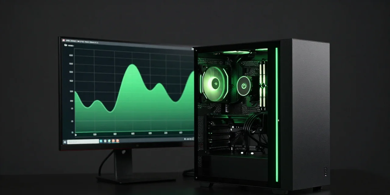 A workstation with glowing components at night running an AI training progress chart