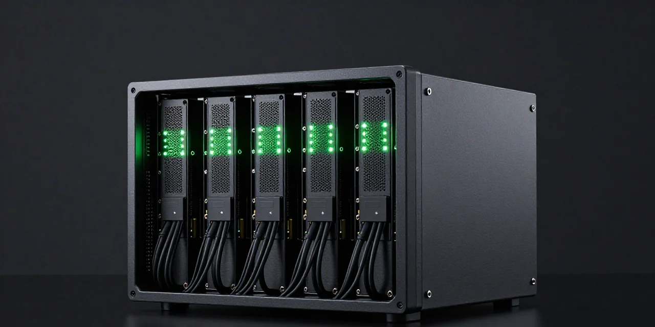 A compact home server rack with GPU nodes and green status LEDs