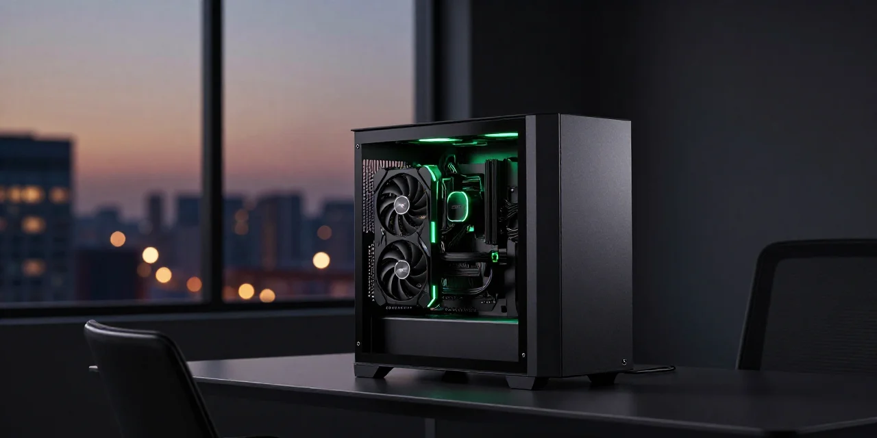 A gaming PC with a glowing graphics card by a window at dusk, idle and ready to rent out