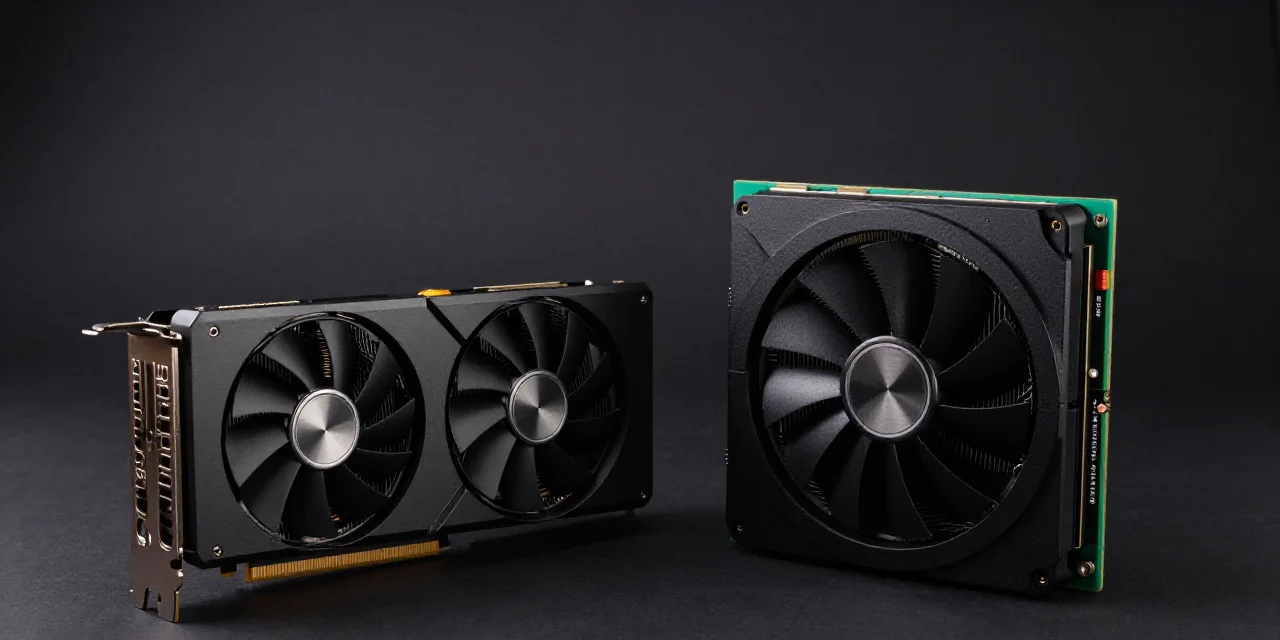 A compact dual-fan consumer GPU next to a large datacenter accelerator module