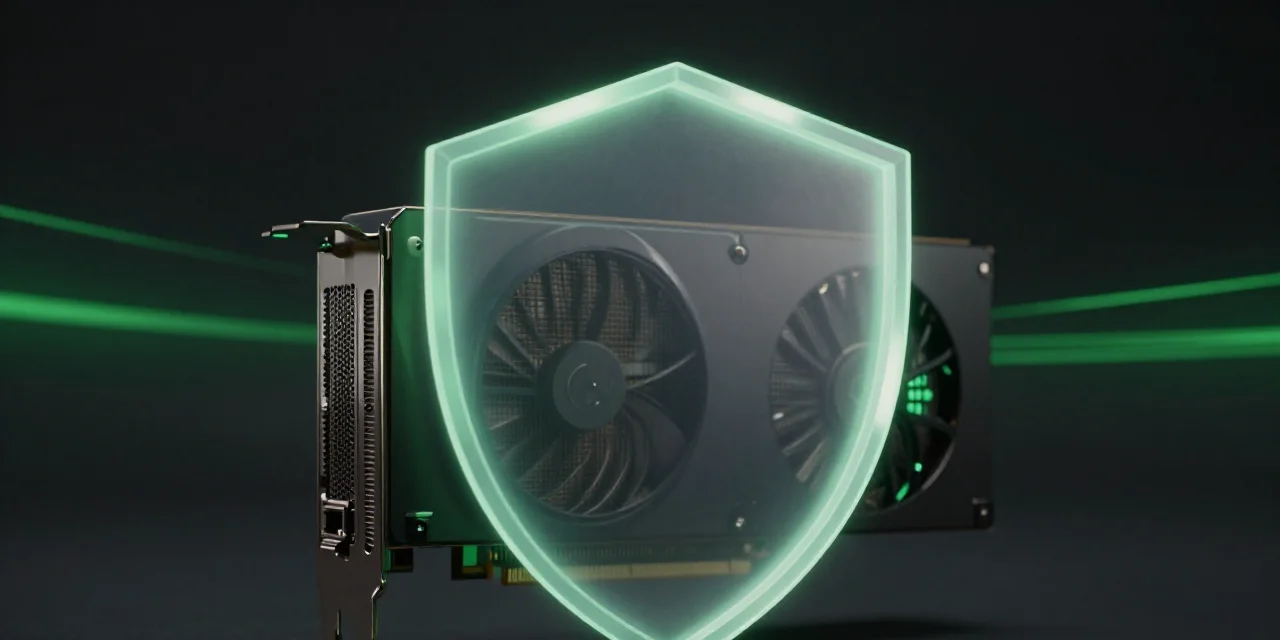 A GPU shielded in green light, representing data and hardware protection while it is rented out