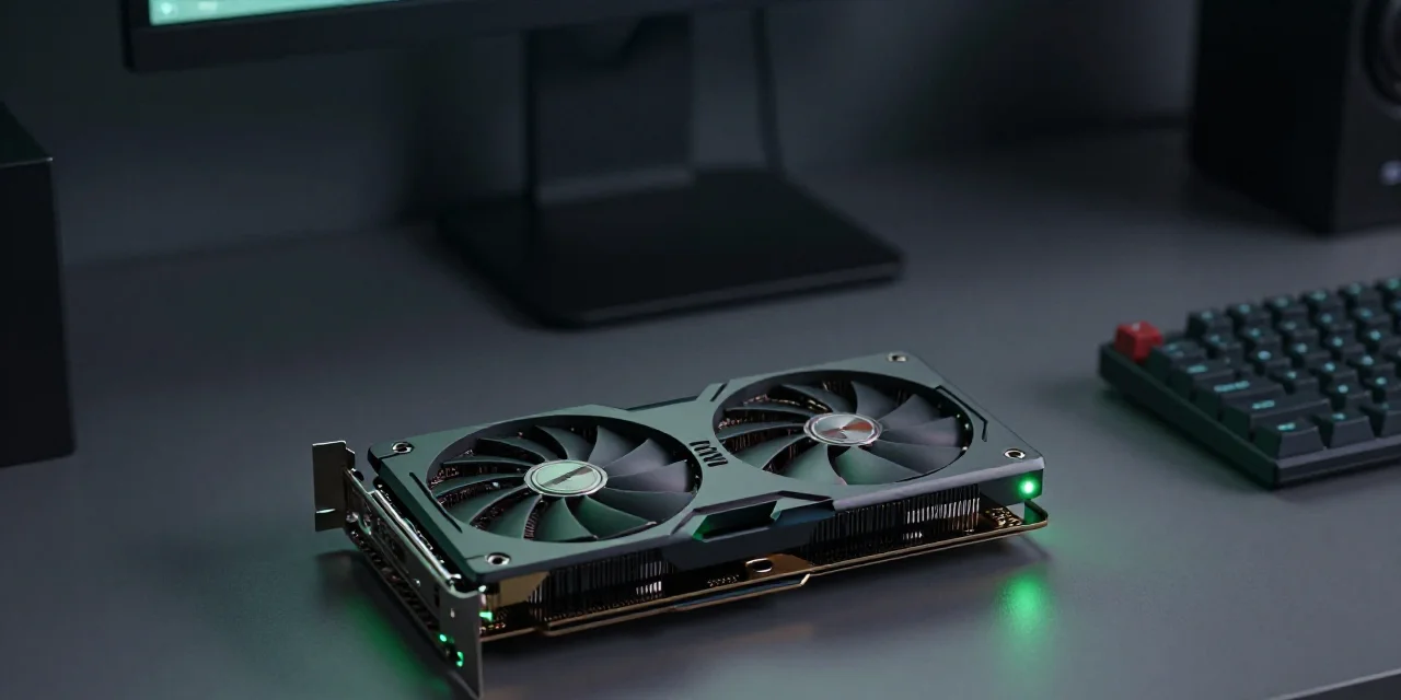 An idle graphics card resting on a home desk at night, ready to be rented out